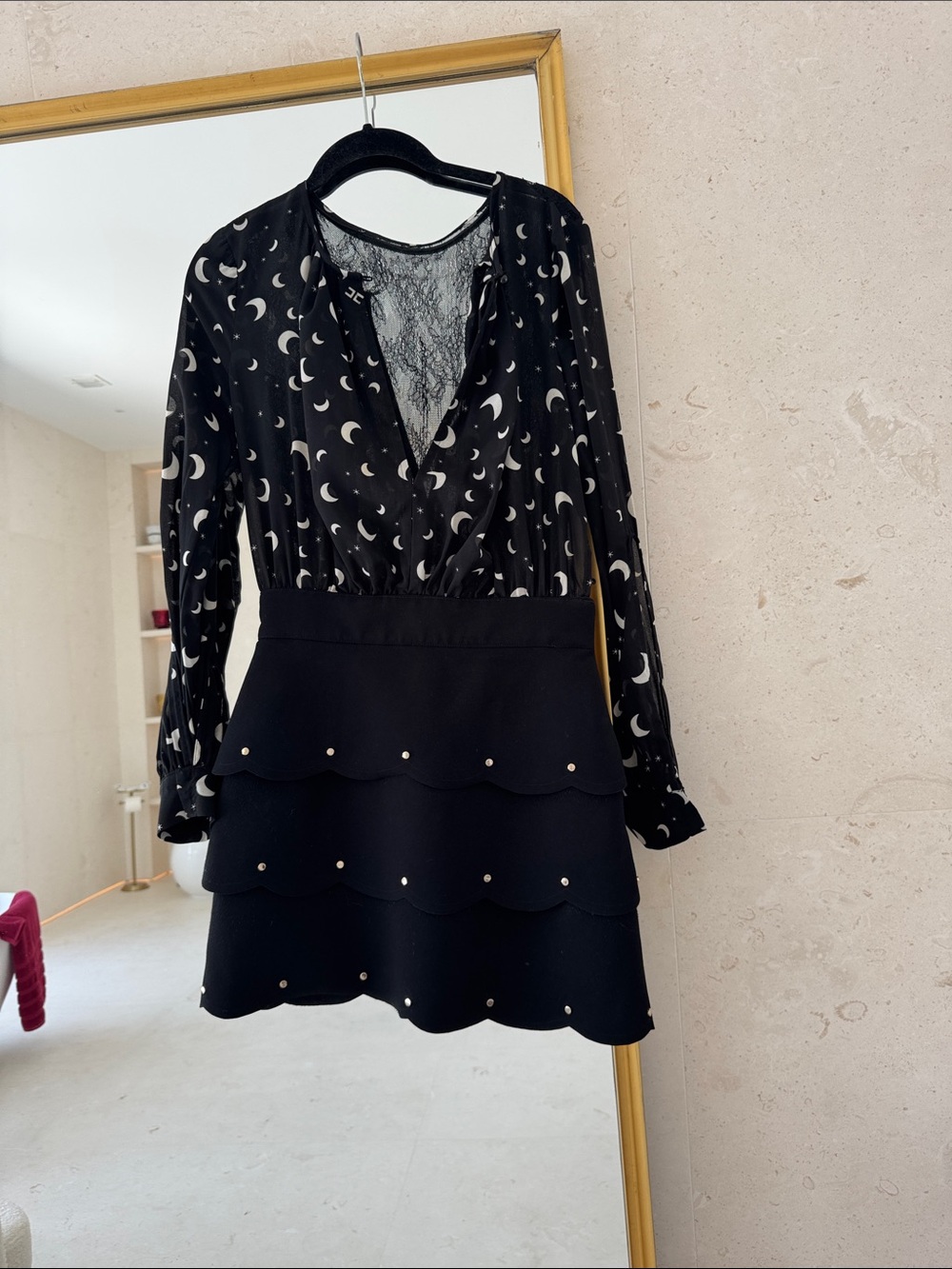 Black Moon-Print Long Sleeve Layered Skirt Dress